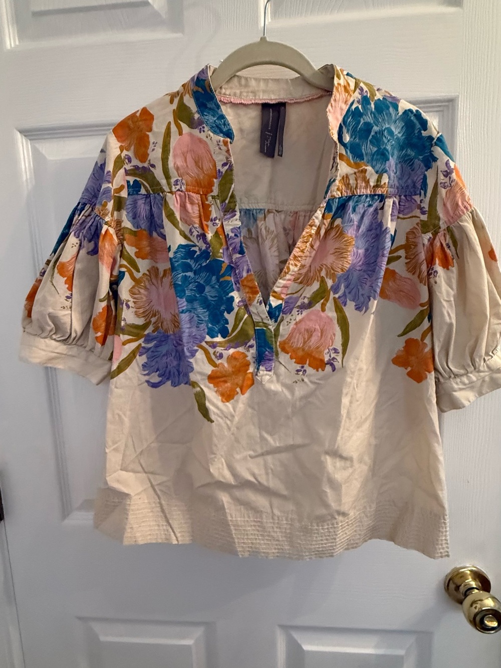 Anthropologie Cream Tunic with Blue, Purple, Pink and Orange Floral Print